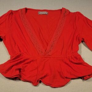 Urban Outfitters Crop Top Red Peplum Wrap Long Sleeve Lace Trim Boho Blouse